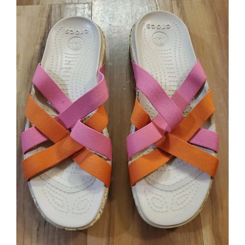 Crocs Edie Stretch Sandals Womens 10 Pink Orange‎ Slides Criss Cross Straps